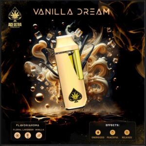 Ace Disposable Vanilla Dream indica-dominant hybrid cannabis buds with vanilla aroma and frosty trichomes”